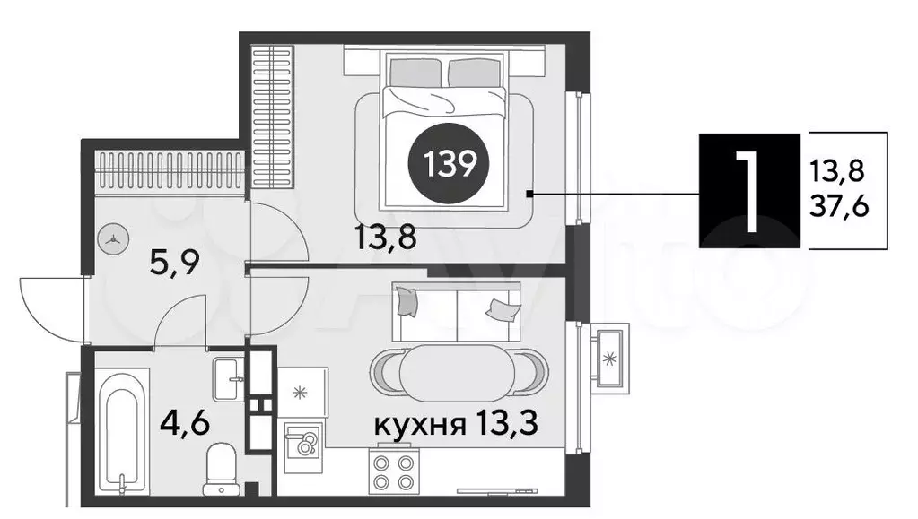 1-к. квартира, 37,6 м, 15/18 эт. - Фото 1