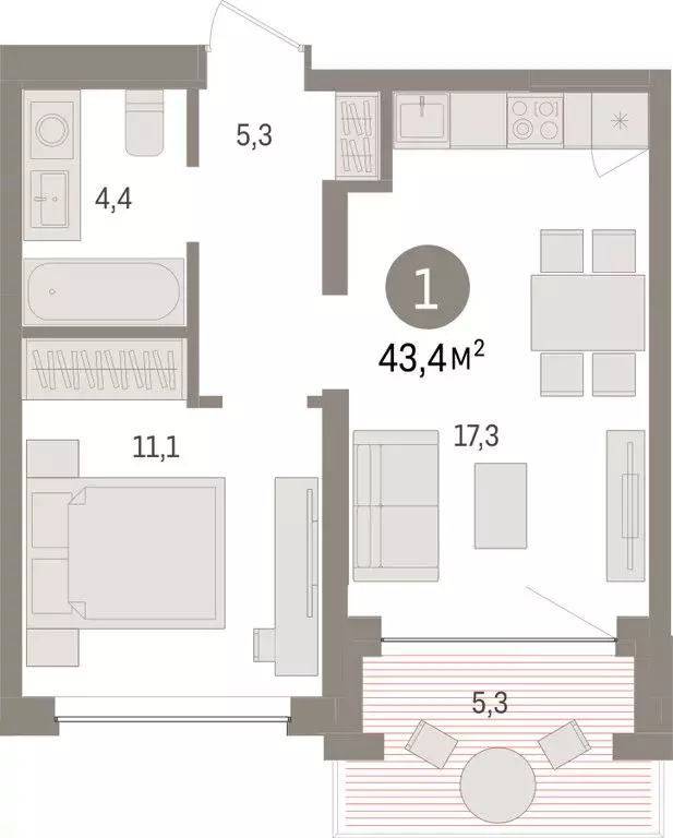 1-комнатная квартира: Тюмень, ЖК Дом у Озера (43.38 м) - Фото 1