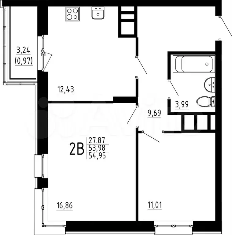 2-к. квартира, 55 м, 3/23 эт. - Фото 0