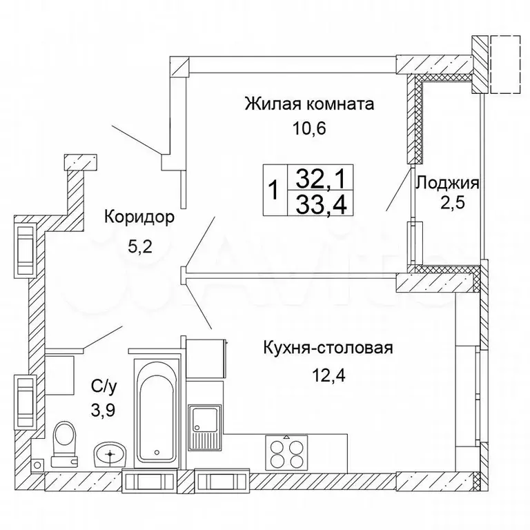 1-к. квартира, 33,4 м, 3/17 эт. - Фото 0