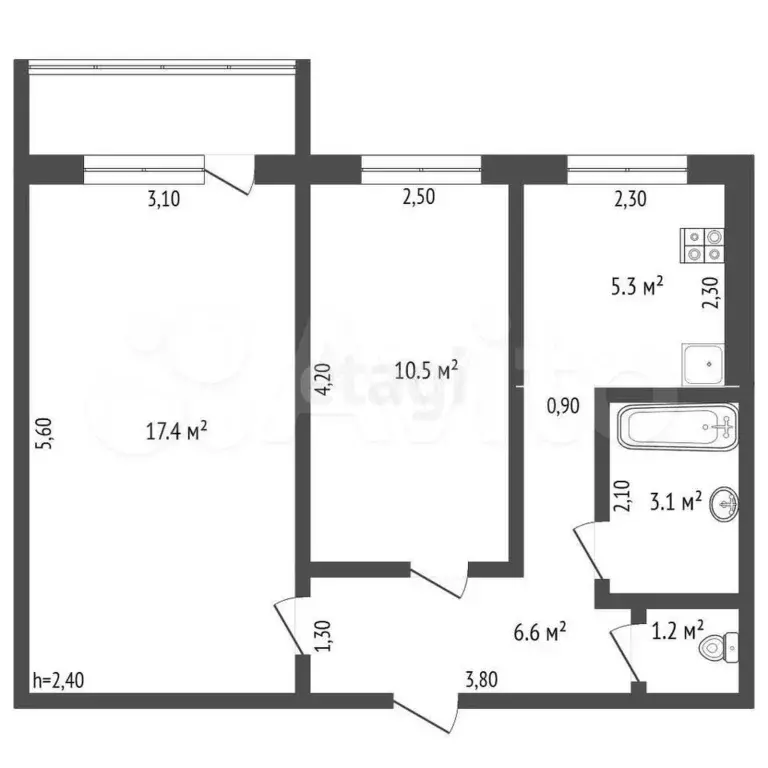 2-к. квартира, 43,7 м, 5/5 эт. - Фото 0