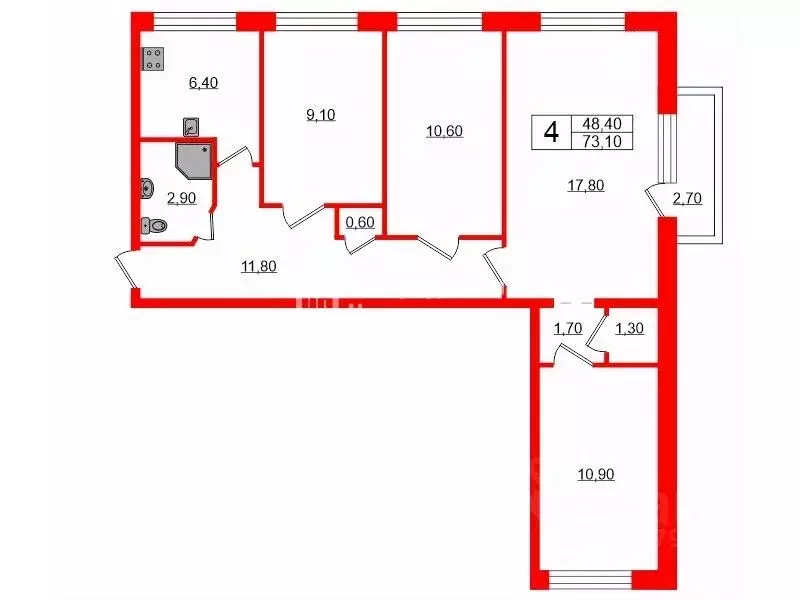 4-к кв. Санкт-Петербург Купчинская ул., 20К4 (73.1 м) - Фото 1