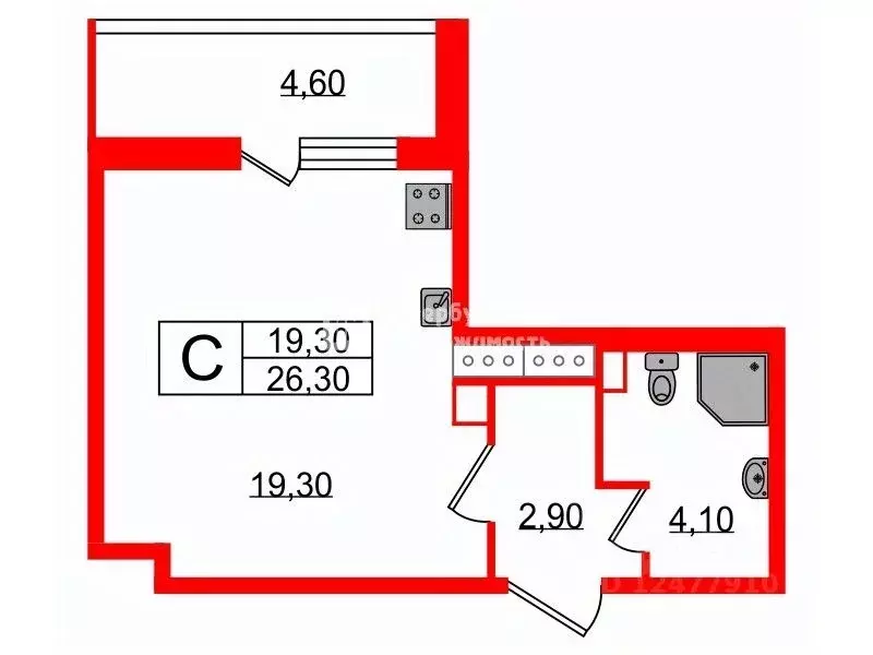 Студия Санкт-Петербург просп. Ветеранов, 171к4 (26.3 м) - Фото 1