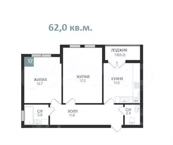 2-к. квартира, 62 м, 4/5 эт. - Фото 0