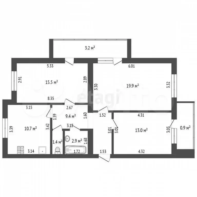 3-к. квартира, 72,8 м, 5/5 эт. - Фото 0