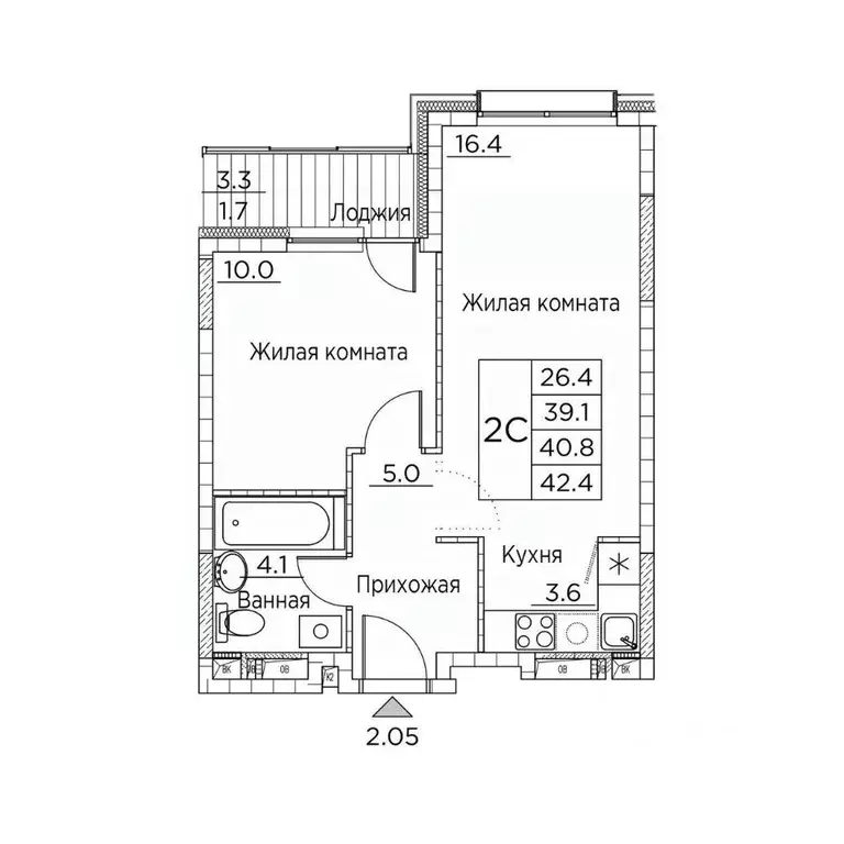 2-к кв. Приморский край, Владивосток ул. Расула Гамзатова, 7к3 (42.4 ... - Фото 1
