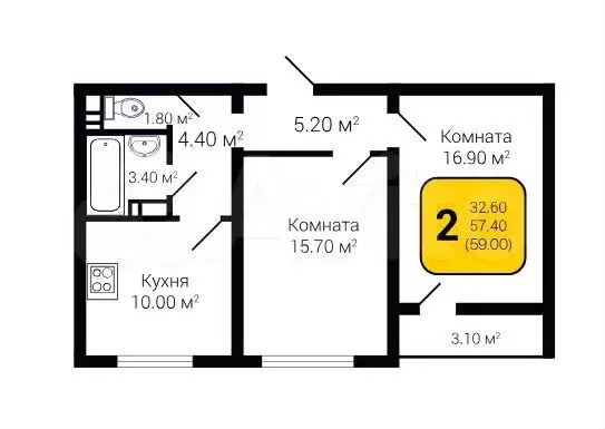 2-к. квартира, 59 м, 18/20 эт. - Фото 1