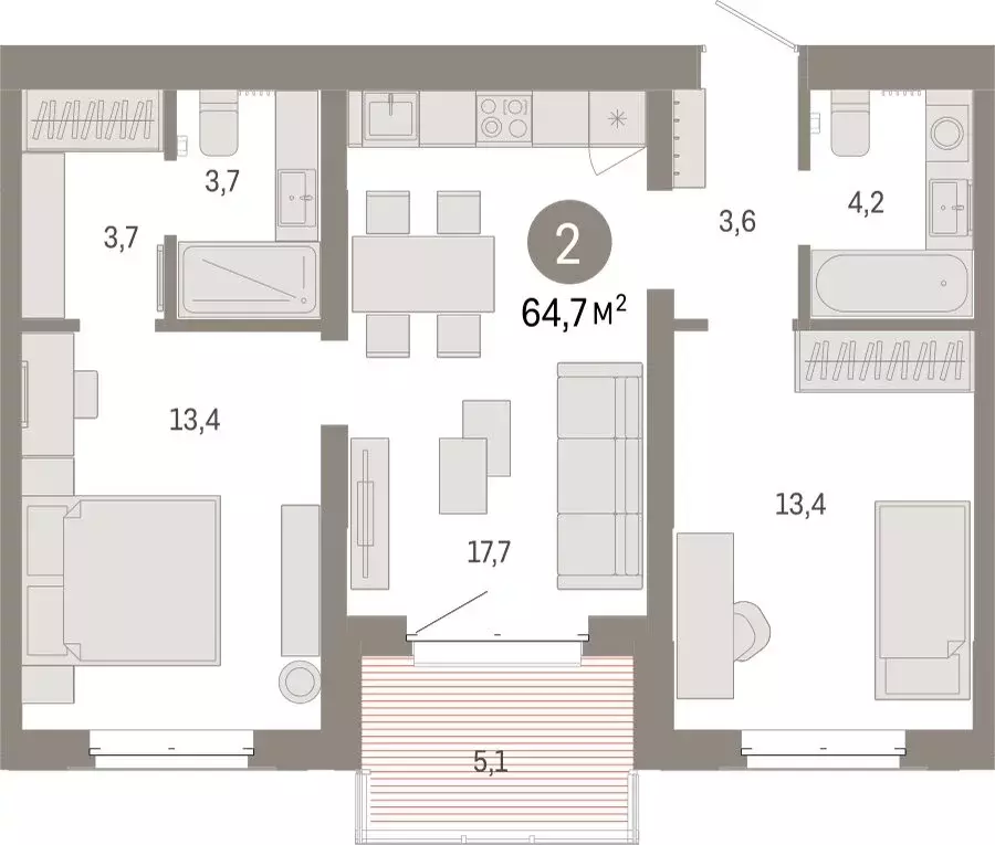 2-комнатная квартира: Тюмень, жилой комплекс На Минской (64.74 м) - Фото 1