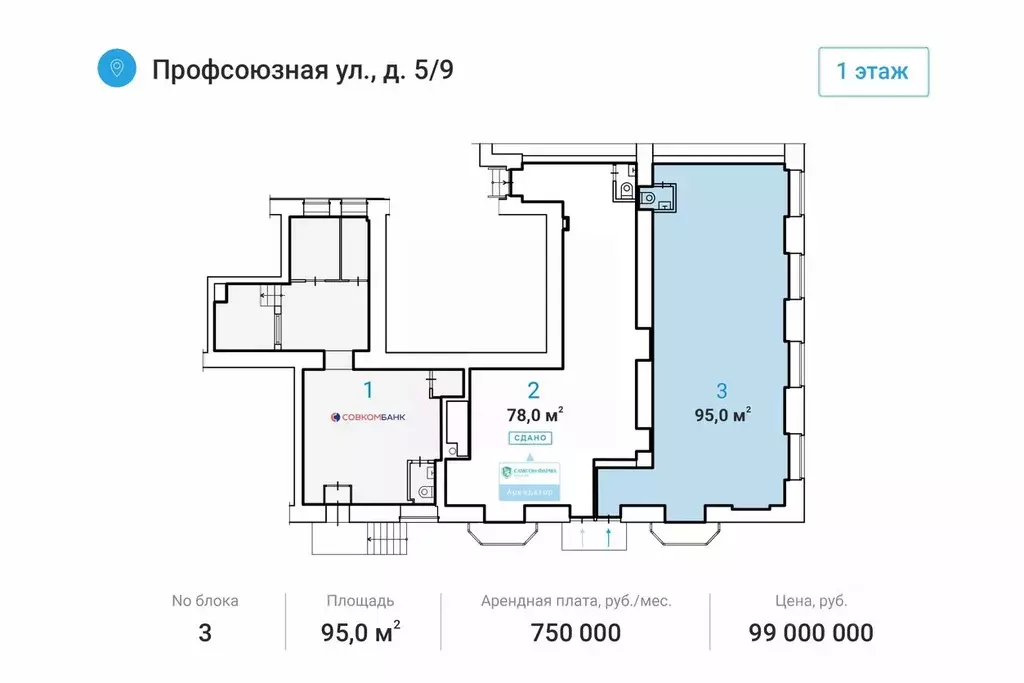 Торговая площадь в Москва Профсоюзная ул., 5/9 (95 м) - Фото 1