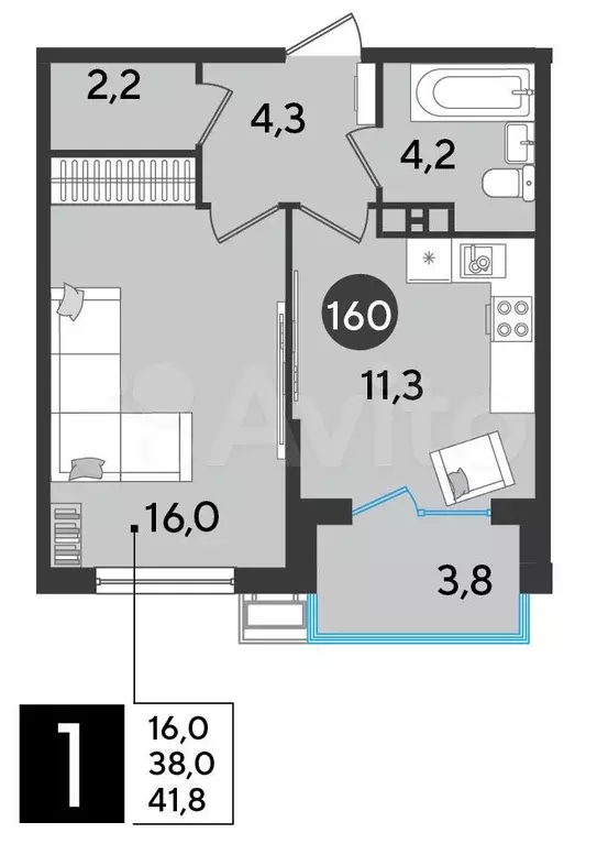 1-к. квартира, 41,8 м, 3/9 эт. - Фото 1