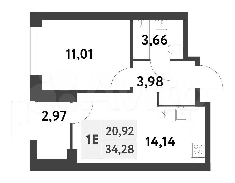 1-к. квартира, 34,3 м, 13/16 эт. - Фото 0