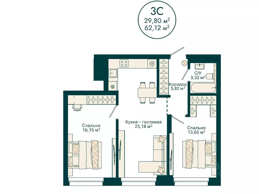 3-к кв. Башкортостан, Уфа Сердце Уфы жилой комплекс (62.12 м) - Фото 2