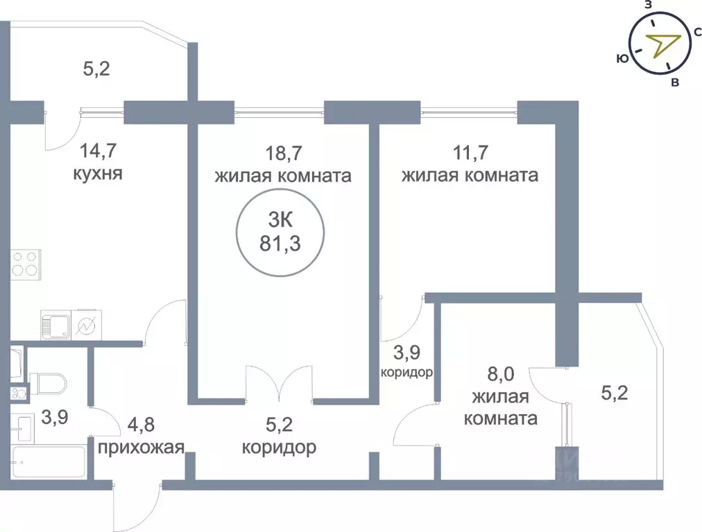 3-к кв. Ханты-Мансийский АО, Сургут тракт Югорский, 52/2 (81.3 м) - Фото 1