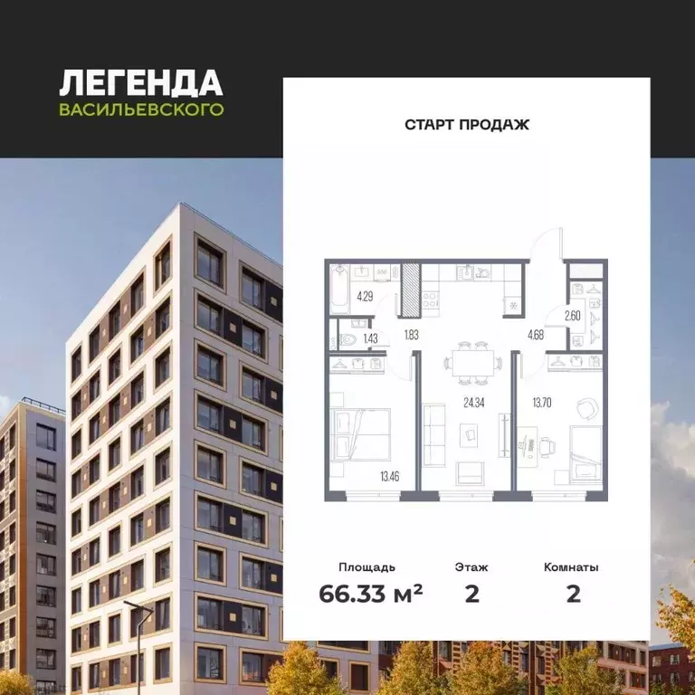 2-к кв. Санкт-Петербург Легенда Васильевского жилой комплекс, к1 ... - Фото 1