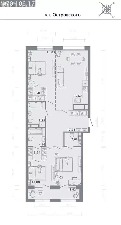 3-комнатная квартира: Казань, улица Островского, 105 (106.17 м) - Фото 1
