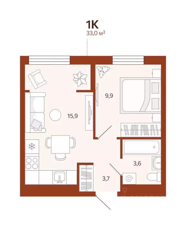 1-к кв. Тюменская область, Тюмень ул. Новаторов, 30 (33.0 м) - Фото 1