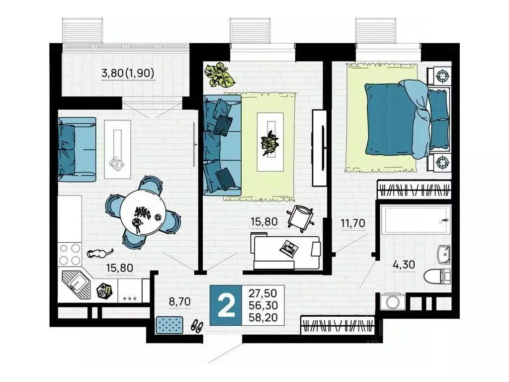 2-к кв. Адыгея, Тахтамукайский район, Яблоновский пгт  (58.2 м) - Фото 1