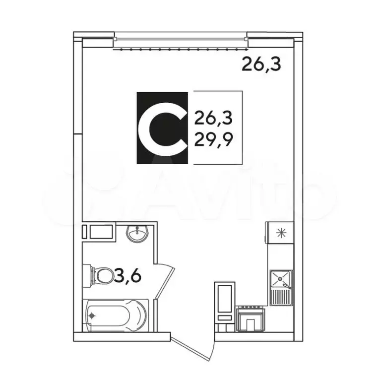 Квартира-студия, 26,3 м, 12/16 эт. - Фото 0