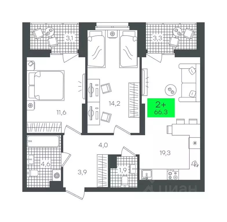 2-к кв. Тюменская область, Тюмень ул. Василия Малкова, 19 (66.38 м) - Фото 0