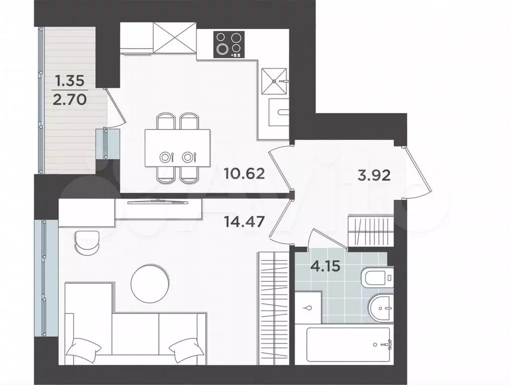 1-к. квартира, 34,5 м, 6/9 эт. - Фото 1
