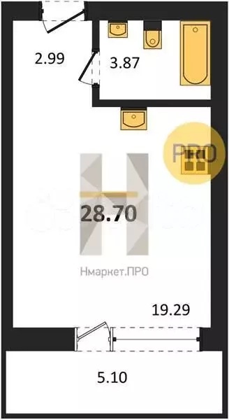 Квартира-студия, 28,7 м, 9/9 эт. - Фото 1