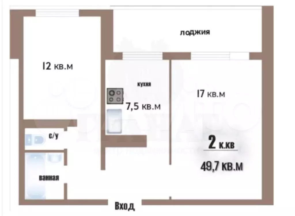 2-к. квартира, 49,7 м, 4/9 эт. - Фото 0