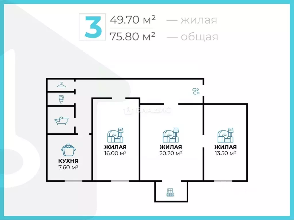 3-к кв. Волгоградская область, Волгоград просп. Канатчиков, 4 (75.8 м) - Фото 1