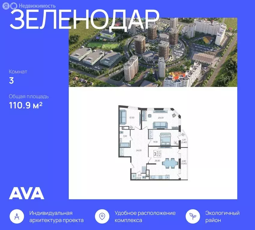 3-комнатная квартира: Краснодар, жилой комплекс Зеленодар (110.9 м) - Фото 0
