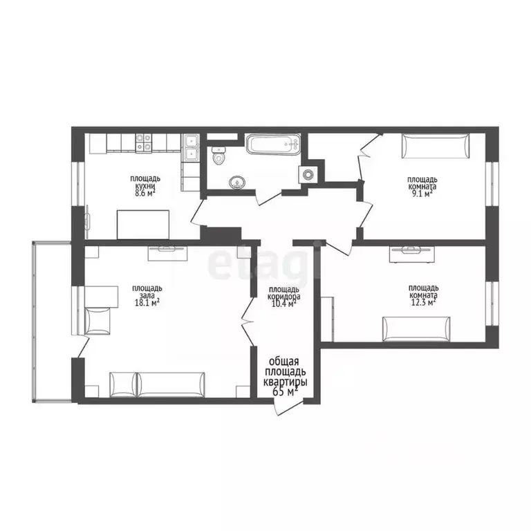 3-к кв. Томская область, Северск ул. Калинина, 84 (65.0 м) - Фото 1