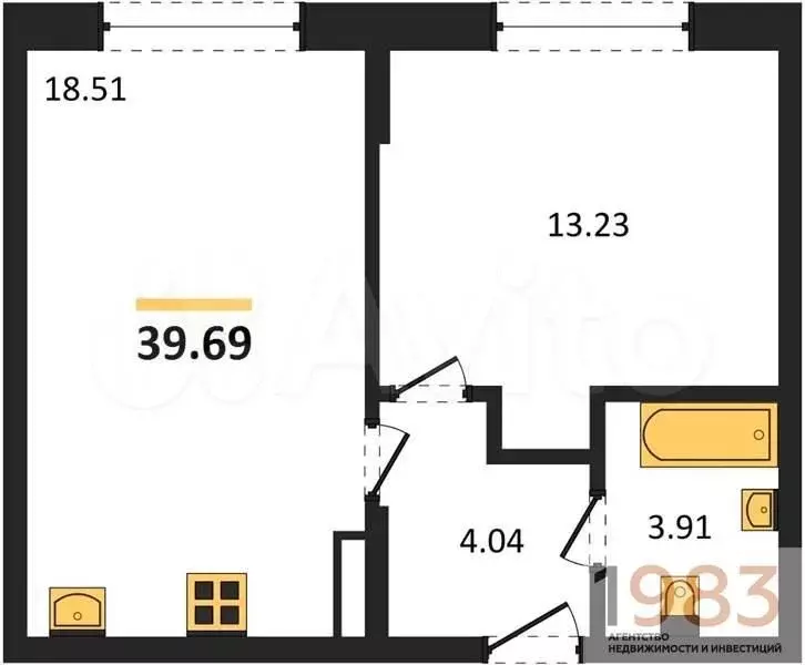 1-к. квартира, 39,7 м, 8/8 эт. - Фото 0