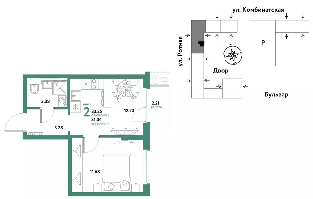 2-комнатная квартира: Екатеринбург, Ленинский район (33.25 м) - Фото 1