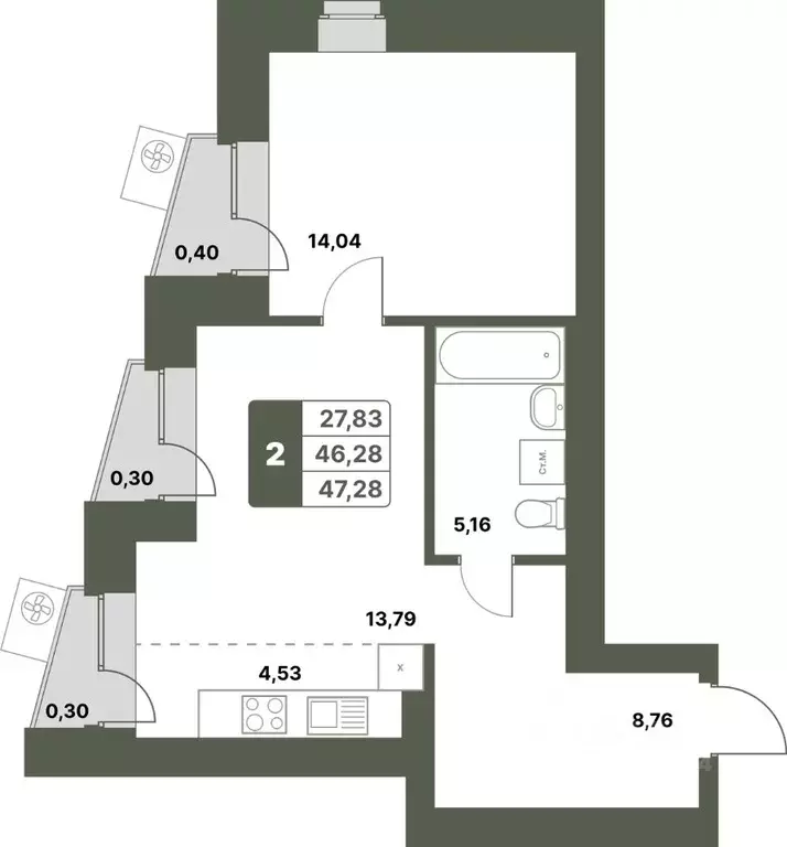 2-к кв. Башкортостан, Уфимский район, с. Миловка  (47.28 м) - Фото 1