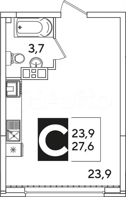 Квартира-студия, 27,6м, 6/16эт. - Фото 1