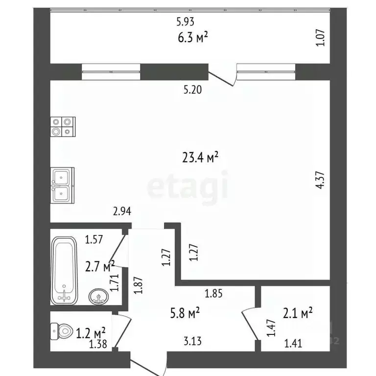 Студия Забайкальский край, Чита ул. Курнатовского, 71к4 (35.2 м) - Фото 2
