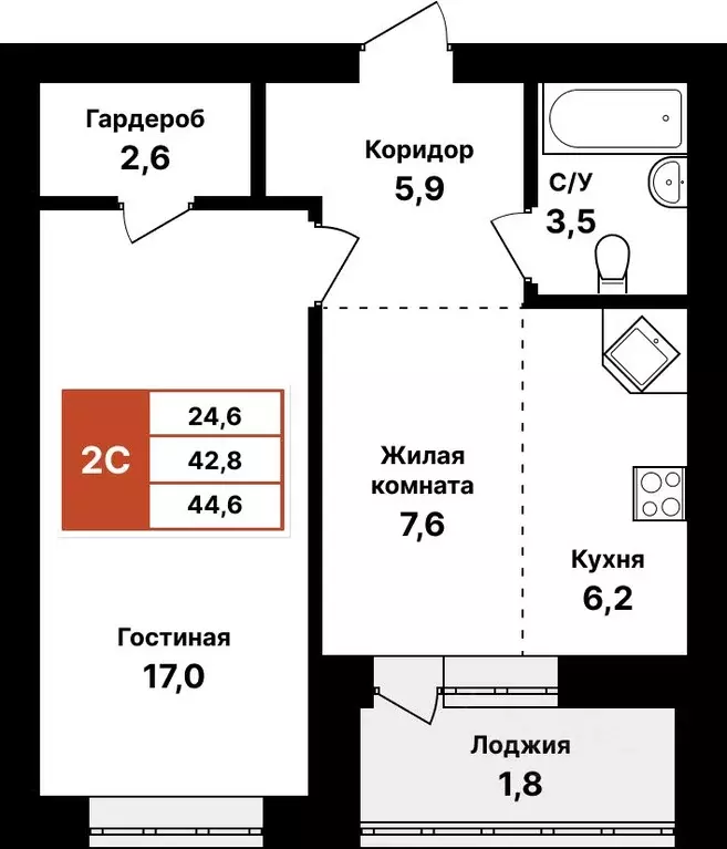 2-к кв. Башкортостан, Уфа Кузнецовский Затон мкр,  (44.6 м) - Фото 1