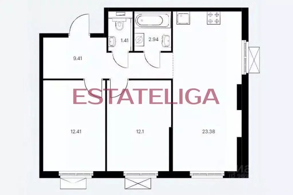 Квартира, 3 комнаты, 61.4 м - Фото 1