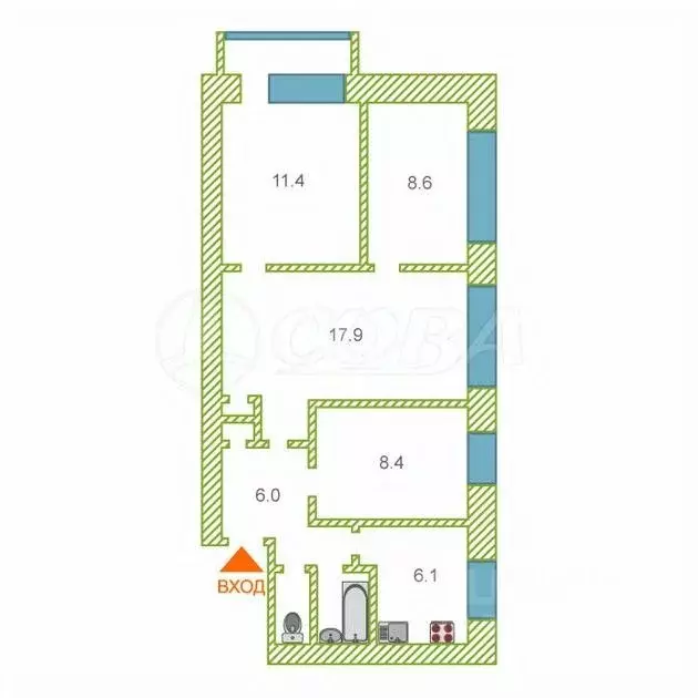 4-к кв. Тюменская область, Тюмень ул. Карла Маркса, 106 (60.8 м) - Фото 1