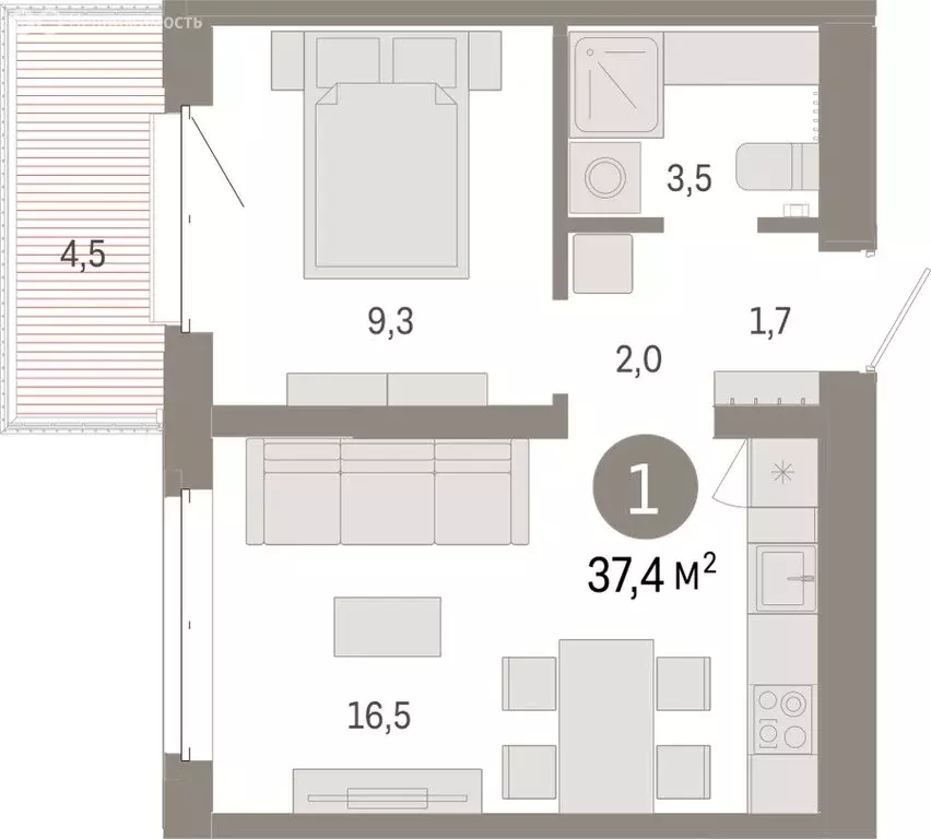 1-комнатная квартира: Тюмень, жилой комплекс На Минской (37.43 м) - Фото 1