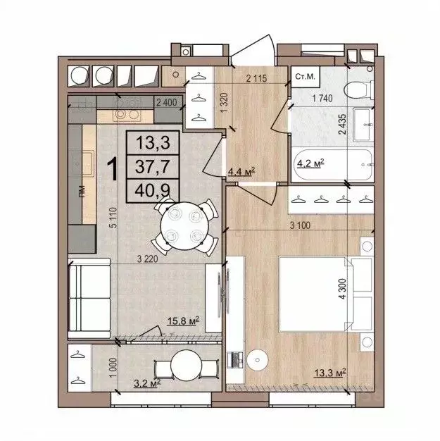 1-к кв. Рязанская область, Рязань Медицинская ул., 3 (40.9 м) - Фото 1