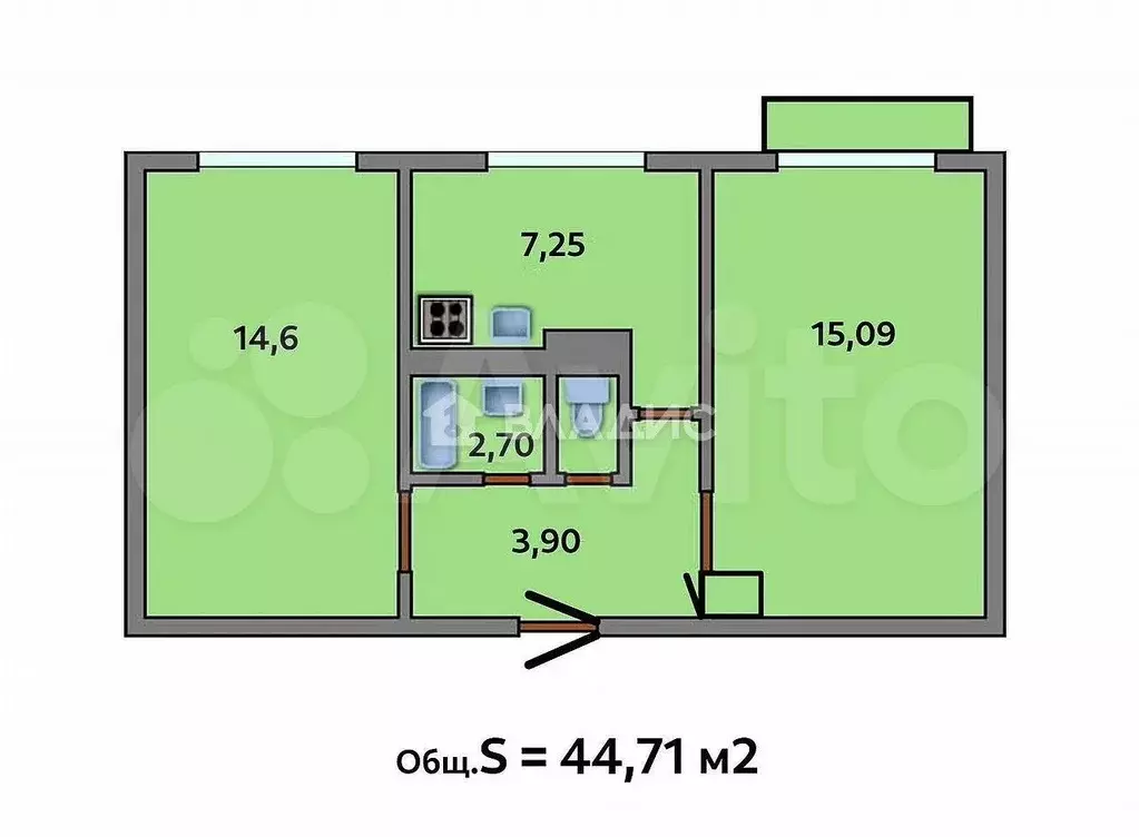 2-к. квартира, 44 м, 4/5 эт. - Фото 0