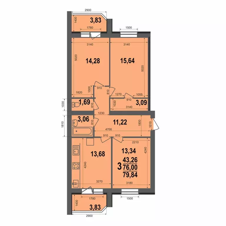 3-к квартира, 79.84 м - Фото 0
