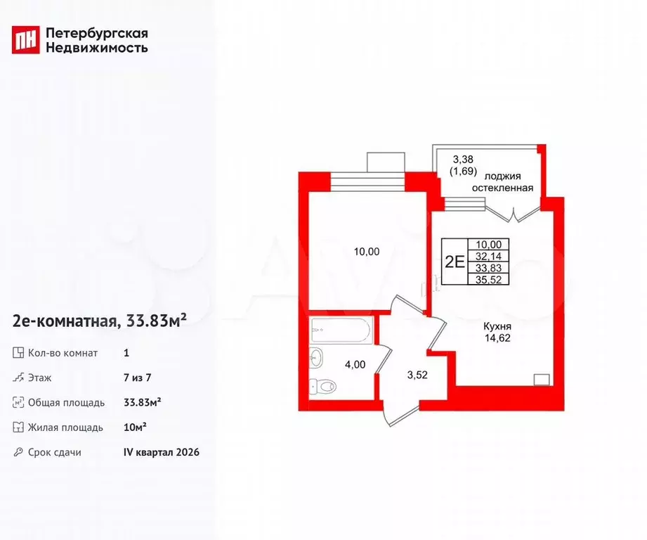 1-к. квартира, 33,8 м, 7/7 эт. - Фото 0