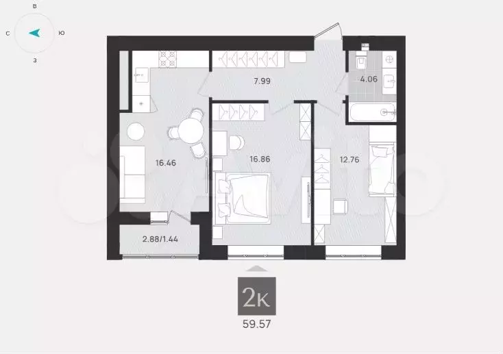 2-к. квартира, 59,6 м, 6/9 эт. - Фото 1
