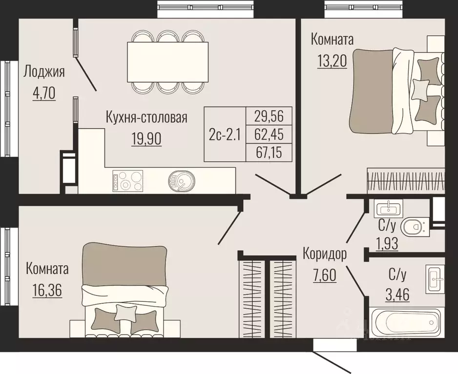 2-к кв. Ставропольский край, Ставрополь № 23 мкр,  (67.15 м) - Фото 1