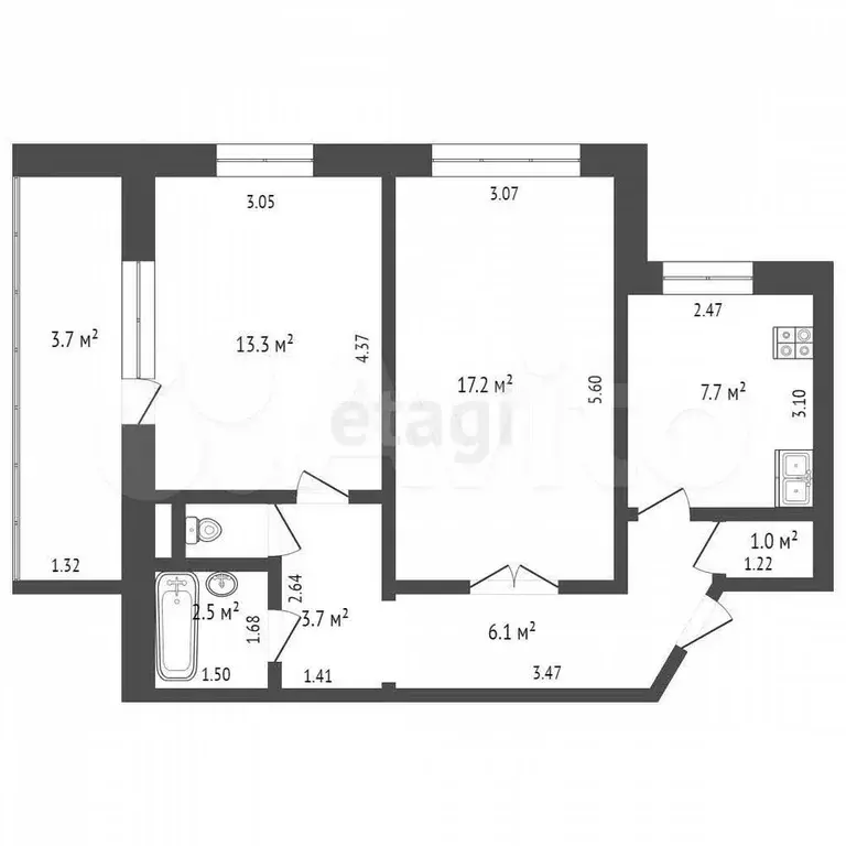 2-к. квартира, 52,4 м, 5/5 эт. - Фото 0