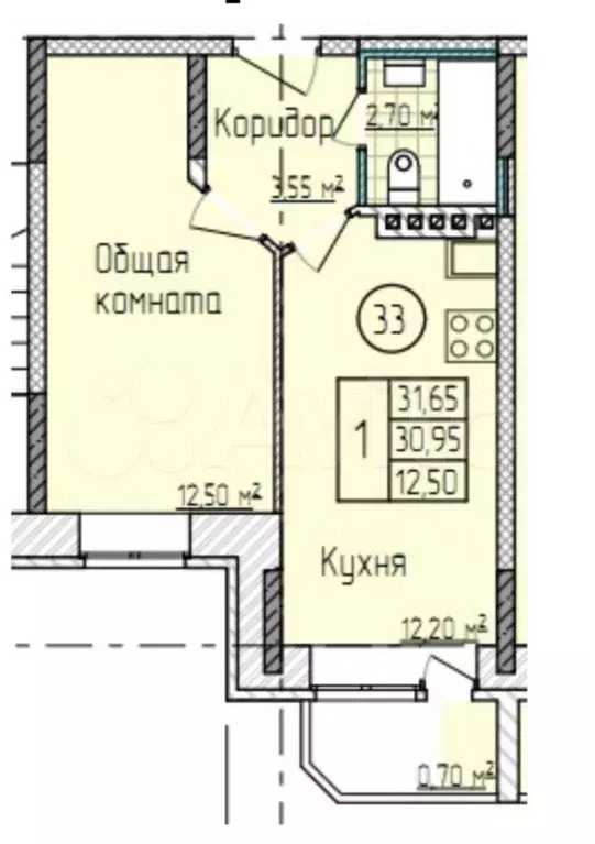 1-к. квартира, 32 м, 3/3 эт. - Фото 0