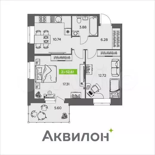 2-к. квартира, 52,6м, 2/9эт. - Фото 0