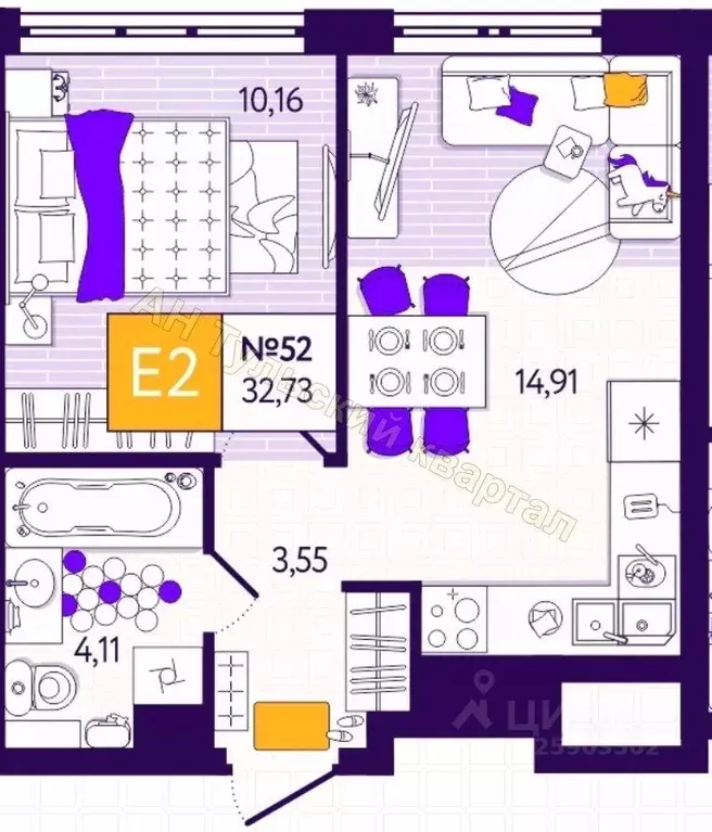1-к кв. Тульская область, Тула ул. Купцов Гречихиных, 4 (32.2 м) - Фото 1