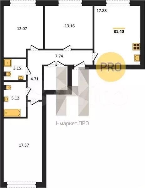 3-к. квартира, 81,4 м, 1/9 эт. - Фото 1