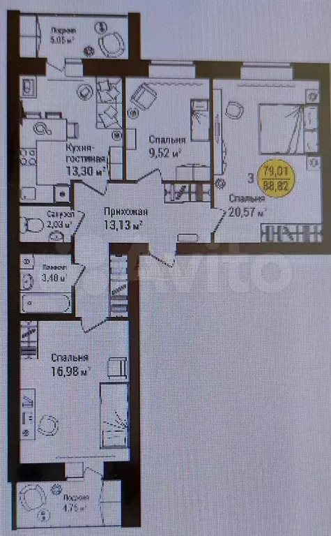 3-к. квартира, 88,3 м, 1/9 эт. - Фото 0